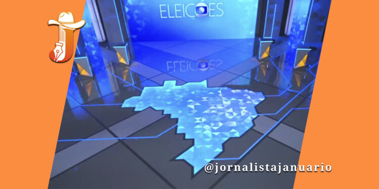 Cenário vazio e iluminado em tons azuis do estúdio de debate eleitoral da TV Globo, com o mapa do Brasil estilizado no piso e logotipo das Eleições ao fundo.