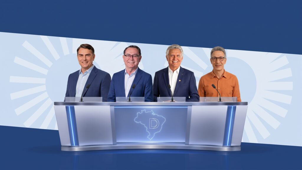 Montagem em estúdio de debate eleitoral com bancada azul e microfones, mostrando, da esquerda para a direita, os candidatos presidenciais Flávio Bolsonaro, Augusto Cury, Ronaldo Caiado e Romeu Zema.
