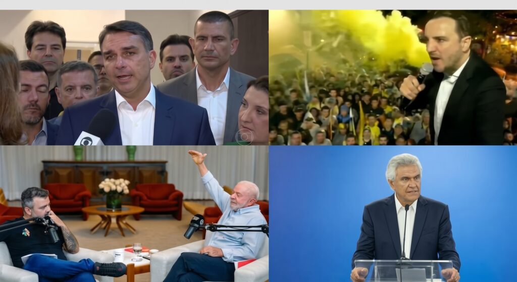 Composição com quatro painéis mostrando reações pós-cancelamento do debate eleitoral: Flávio Bolsonaro falando à imprensa no canto superior esquerdo; Renan Santos discursando com microfone em meio a manifestantes com sinalizador amarelo no superior direito; Lula sendo entrevistado no Flow Podcast no inferior esquerdo; e Ronaldo Caiado discursando em púlpito no inferior direito.